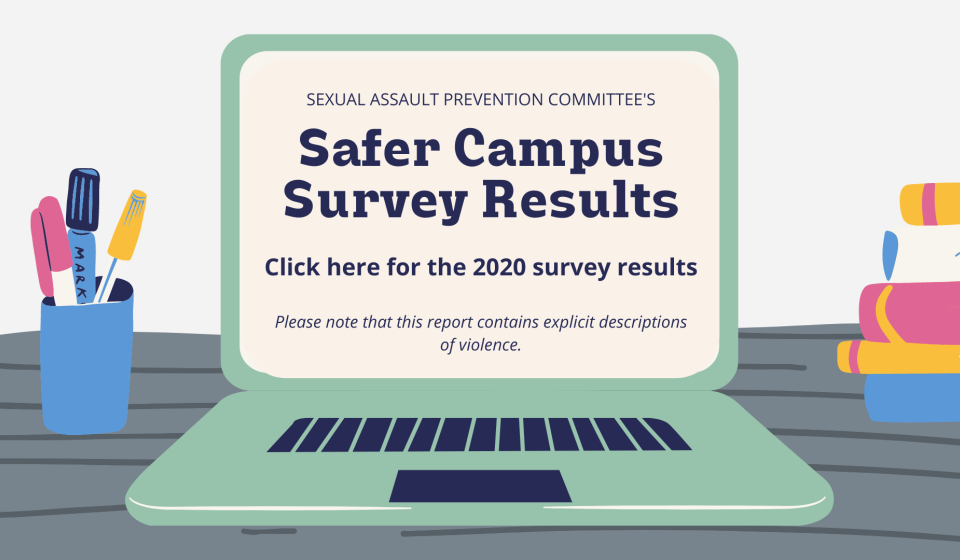 computer with text on screen: 2020 safer campus survey results. report contains explicit descriptions of violence